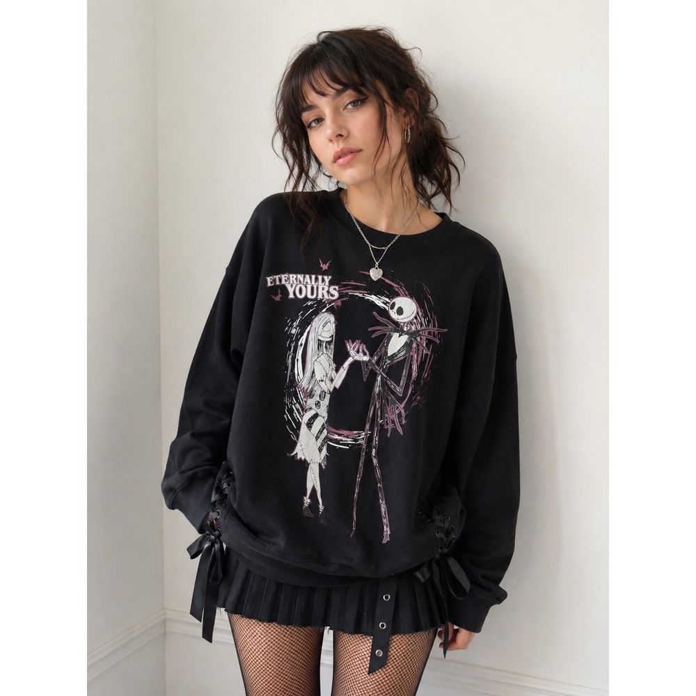 Disney Nightmare Before Christmas Sweatshirt Black Cotton Lace Up Jack Sally XL